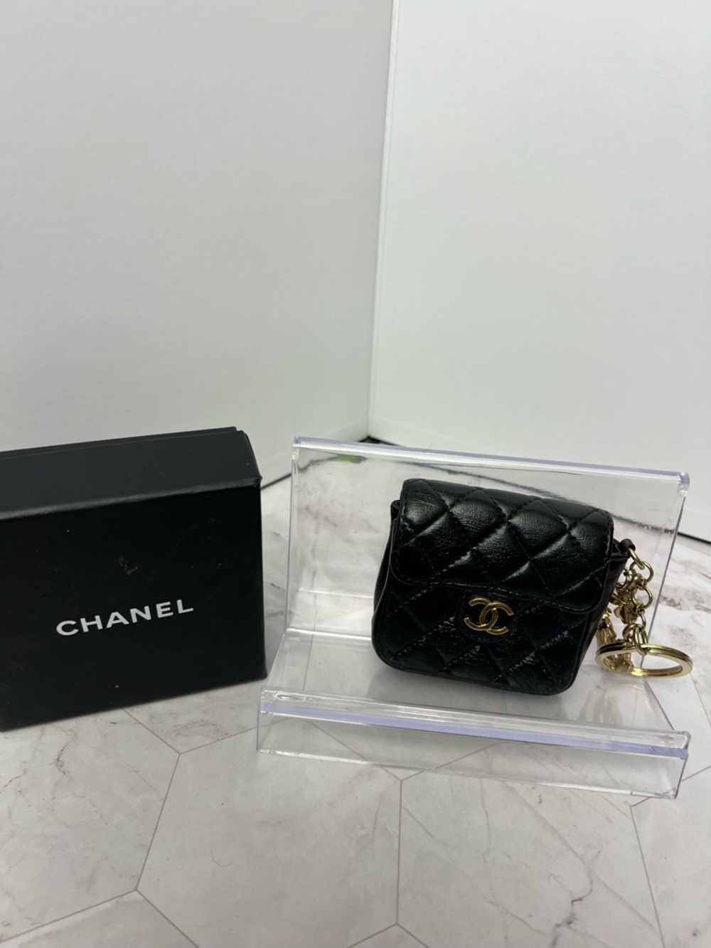 CHANEL Black Quilted Leather Mini Pouch with Gold Hardware Keyring